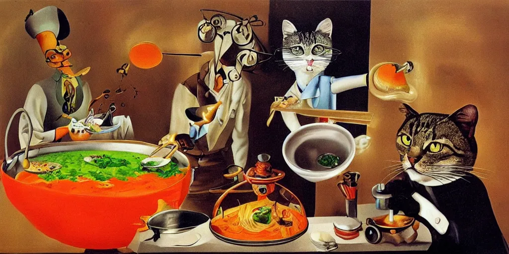 Image similar to anthropomorphic cat chef cooking a delicious colorful soup, by Salvador Dali