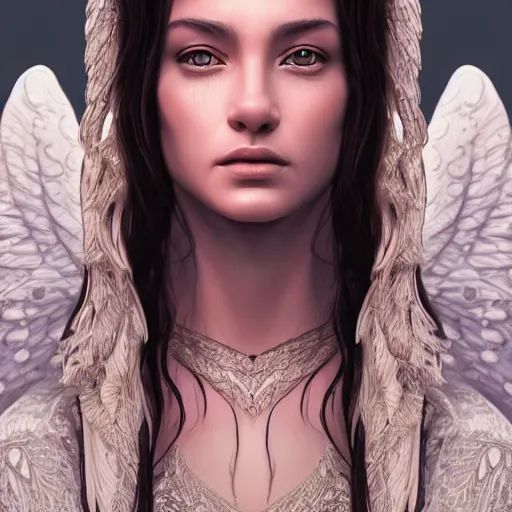 Prompt: a WLOP 3d render of a highly detailed beautiful mystic portrait of a biblically accurate angel, intricate, extremely detailed, digital painting, artstation, concept art, smooth, sharp focus, illustration, intimidating lighting, incredible art