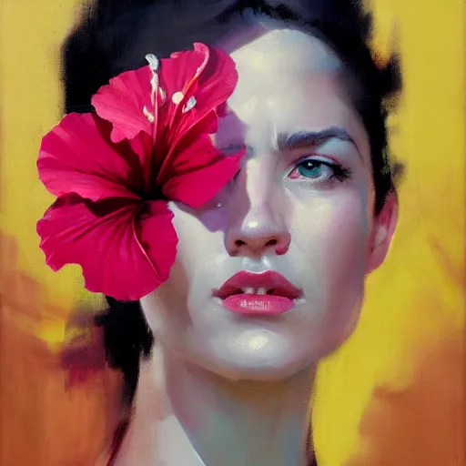 Image similar to greg manchess portrait of hibiscus with person head fantasy medium shot, asymmetrical, profile picture, organic painting, sunny day, matte painting, bold shapes, hard edges, street art, trending on artstation, by huang guangjian and gil elvgren and sachin teng
