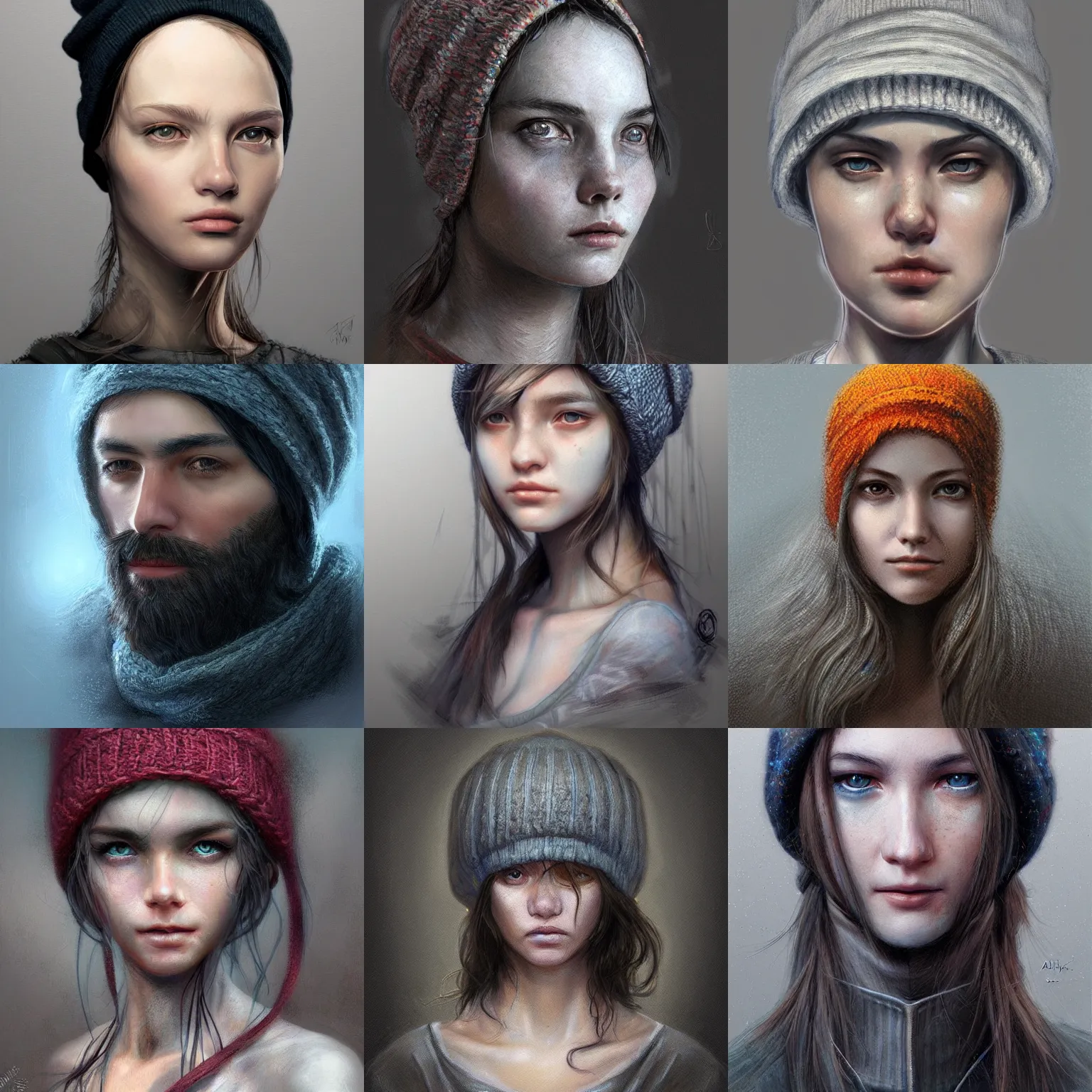 Prompt: portrait of a starving ai artist, detailed clothing, beanie, concept art, artstation, detailed luminescent digital painting by alan lee and artgerm