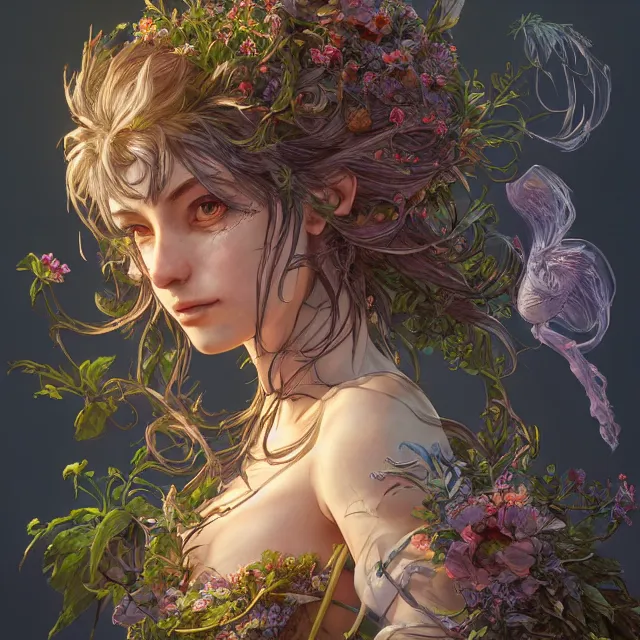 Image similar to the portrait of chaotic good female druid botanist as absurdly beautiful, gorgeous, elegant, young gravure idol, an ultrafine hyperdetailed illustration by kim jung gi, irakli nadar, intricate linework, bright colors, octopath traveler, final fantasy, unreal engine 5 highly rendered, global illumination, radiant light, detailed and intricate environment