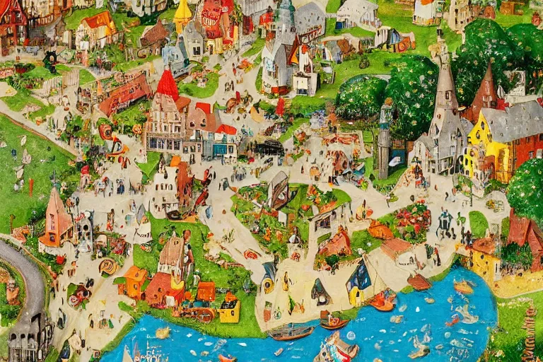 Image similar to an elaborate and dense painting of a peaceful neighborhood, detailed, made of alcohol ink on parchment and penned illustrations, by richard scarry and ( ( ( ( ( hieronymus bosch ) ) ) ) ) and geoff darrow!!!!!