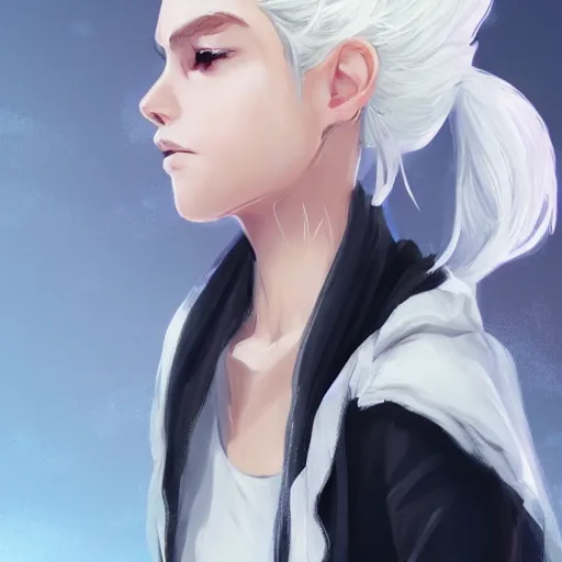 Image similar to portrait of a girl with white hair in a messy white hairbun. She is wearing a short black tshirt, jeans pants, a red scarf. magic atmosphere, digital art, character design. in the style of wlop, rossdraws, artstation trending