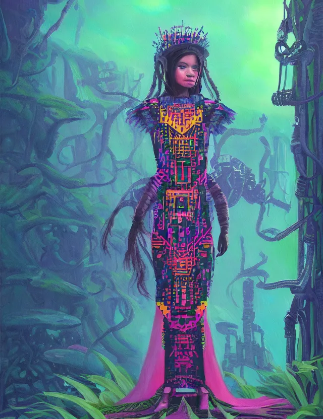 Prompt: aztec scifi princess of the cloud forest, wearing a lovely dress with cyberpunk details. this oil painting by the beloved children's book author has an interesting color scheme and impeccable lighting.