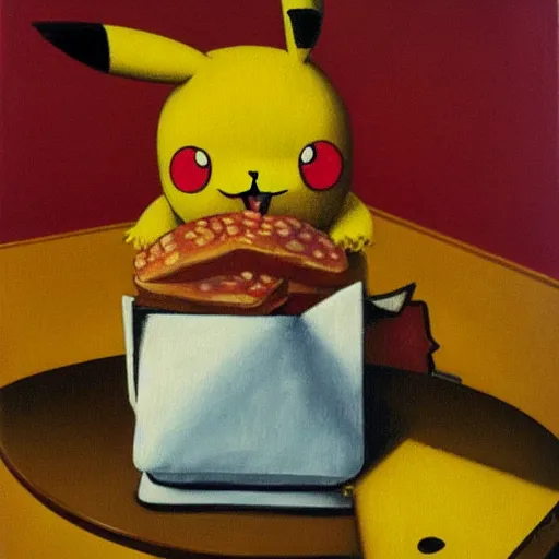 Image similar to pikachu eating a sandwich, oil painting magritte