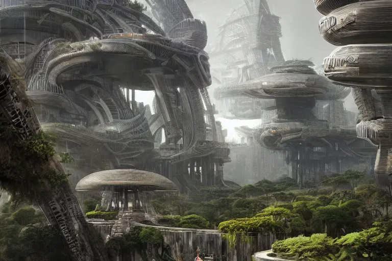 Image similar to brutalist futuristic Aztec structures, manicured garden of eden, by Jessica Rossier and HR giger