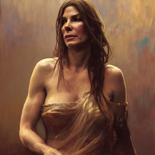 Image similar to hyperrealist portrait of sandra bullock as lady godiva. by jeremy mann and alphonse mucha, fantasy art, photo realistic, dynamic lighting, artstation, poster, volumetric lighting, very detailed faces, 4 k, award winning