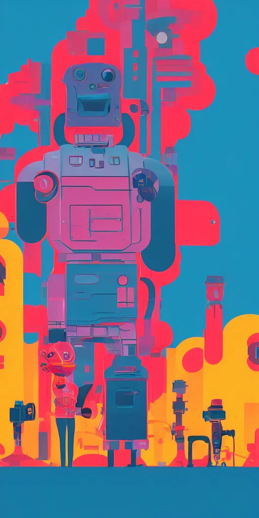 Prompt: cursed multicolored robot factory, tom whalen, james gilleard, liam brazier, tristan eaton