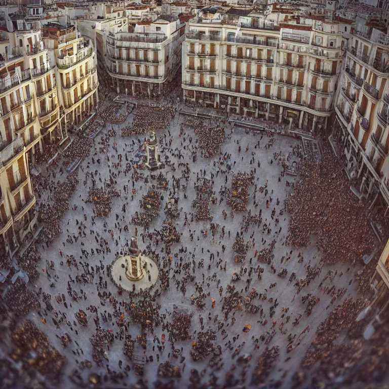 Prompt: a old square in madrid full of people, dream - like atmosphere, symmetrical baroque painting, perfect composition, beautiful detailed intricate insanely detailed octane render trending on artstation, 8 k artistic photography, photorealistic, soft natural volumetric cinematic perfect light, chiaroscuro, award - winning photograph, masterpiece, raphael, caravaggio, greg rutkowski, beeple
