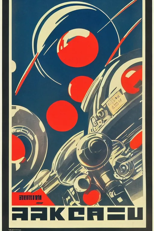 Prompt: ussr propaganda poster of 1 9 5 0 s space race, futuristic design, dark, symmetrical, washed out color, centered, art deco, 1 9 5 0's futuristic, glowing highlights, intense