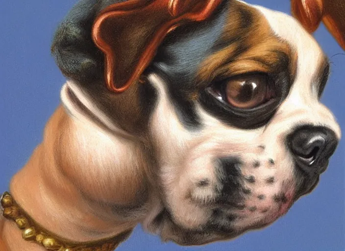 Prompt: baroque rococo painting The Royal Boston Terrior portrait Greg Hildebrandt high detail pastel cute puppy