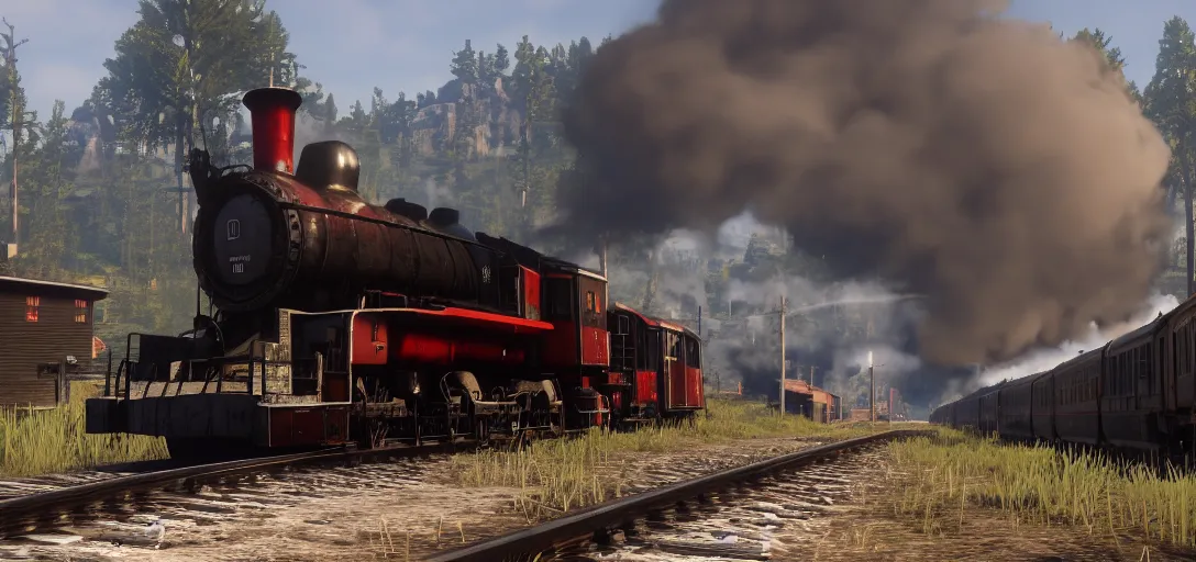 Image similar to A train in red dead redemption 2, screenshot, high quality image, widescreen, in-game engine, 8k, octane render