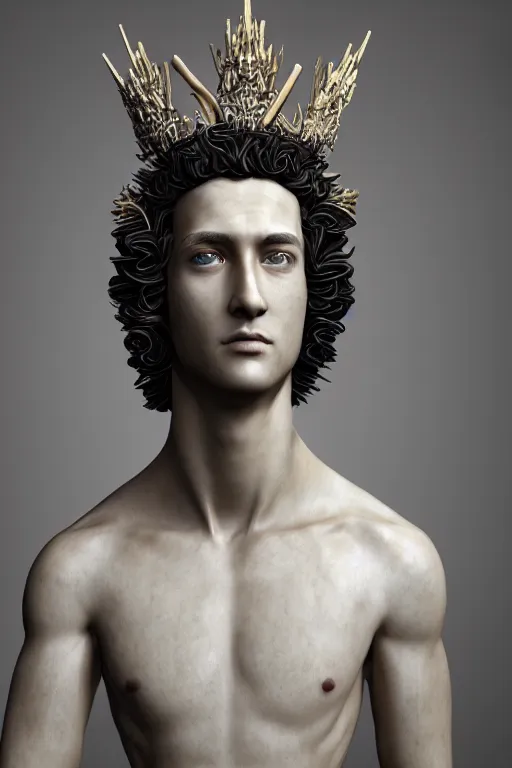 Image similar to a realistic porcelain baroque style sculpture of handsome young seductive Spanish prince with a spiky hair, wearing a crown made out of woven pipe cleaners, floating in outer space, photorealism, octane render, depth of field, 8k, 35mm, artgem, Trending on artstation
