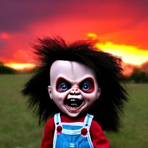 Prompt: sunset clouds in shape of screaming chucky doll