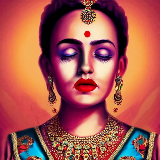 Image similar to the queen of india sitting on a throne, detailed face with red lips, blue eyes and large forehead, moody atmosphere, digital art, highly detailed, high contrast, beautiful lighting, award winning, trending on art station, photorealistic, 8 k,