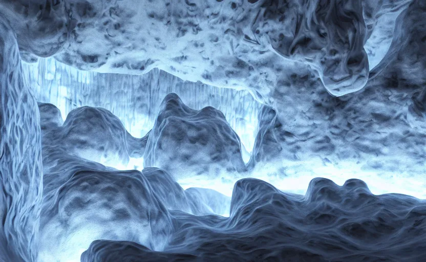 Prompt: liquid nitrogen mixed with blue water-cooling coolant flowing through latent representations of ice caverns, trending on artstation, cycles render, subsurface scattering, 4k