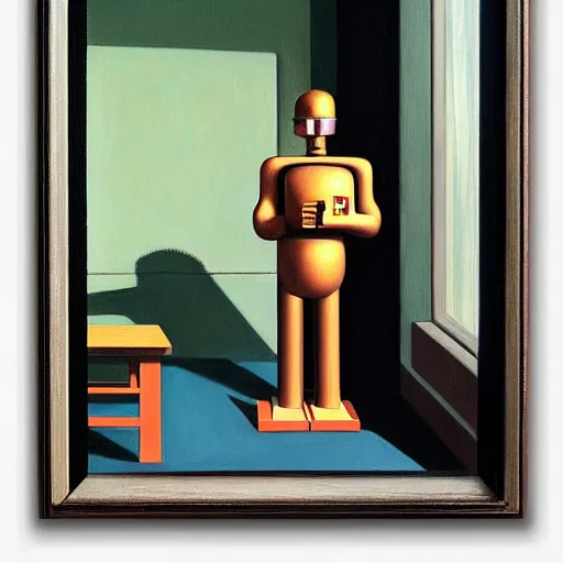 Image similar to robot looking into a mirror and the reflection is human, grant wood, pj crook, edward hopper, oil on canvas