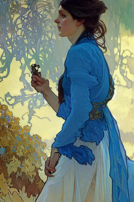 Image similar to A woman wearing blue clothes, fantasy, painting by greg rutkowski and alphonse mucha