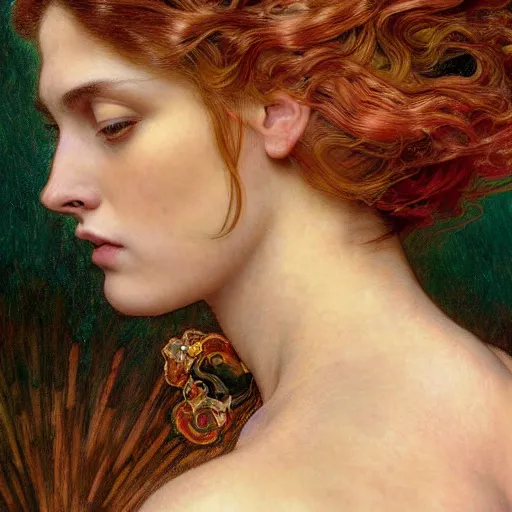 Image similar to a portrait of a beautiful fierce female nymph, detailed, centered, digital painting, artstation, concept art, donato giancola, Dante Gabriel Rossetti, alphonse mucha, Joseph Christian Leyendecker, WLOP, Boris Vallejo, Annie Leibovitz and Steve McCurry, David Lazar, Jimmy Nelsson, Breathtaking, 8k resolution, extremely detailed, beautiful, establishing shot, artistic, hyperrealistic, beautiful face, octane render