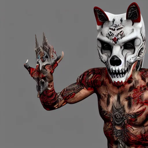 Image similar to highly detailed render of a man wearing a skull fox mask playing a red sintethizer, full body with tattoos, two arms two legs, vray render, unreal engine, highly detailed faces, thin body,