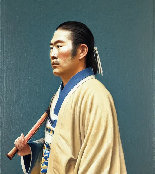 Prompt: official side portrait of a japanese samurai, justin herbert, in a san diego chargers kimono, 1 8 6 8, a character portrait by cassius marcellus coolidge, reddit contest winner, japanese romantacism, romanticism, oil on canvas, detailed painting, creative commons attribution