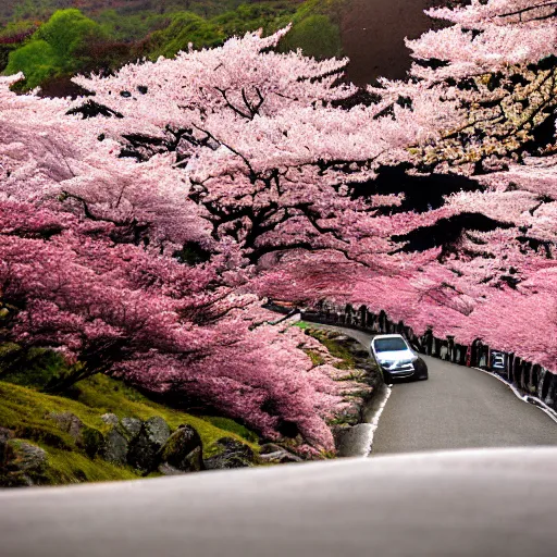 Image similar to A Nissan Skyline at mount fuji early in the morning, cherry Blossom trees