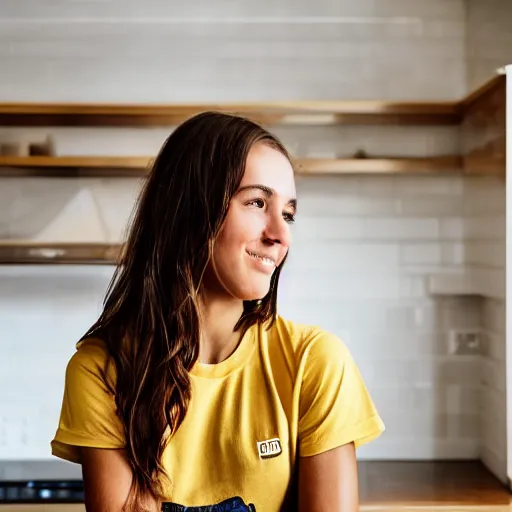 Image similar to a candid portrait of a brunette female, young, athletic, australian, pixellated face, wearing a gold tshirt in a kitchen, closeup