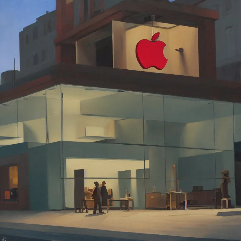 Image similar to apple store in Middle Earth Lord of the Rings, painted by Edward Hopper, painted by James Gilleard, airbrush