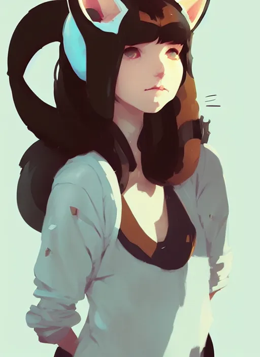 Image similar to portrait of cute catgirl with cat ears, by atey ghailan, by greg rutkowski, by greg tocchini, by james gilleard, by joe gb fenton, by in kaethe butcher, dynamic lighting, gradient light blue, brown, blonde cream and white color in scheme, grunge aesthetic