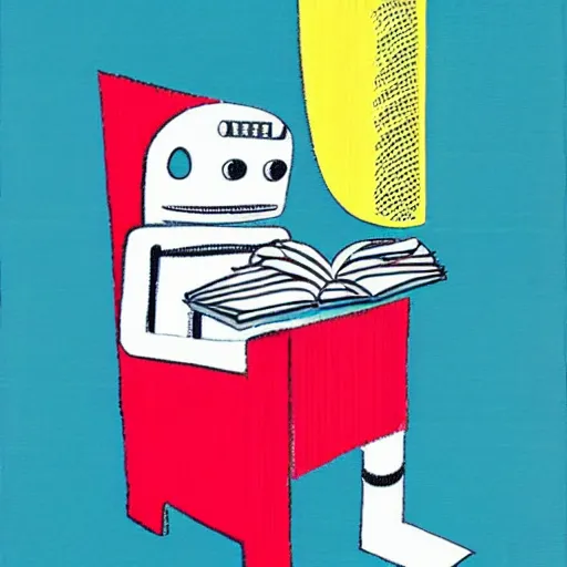 Image similar to a robot reading a book by david hockney