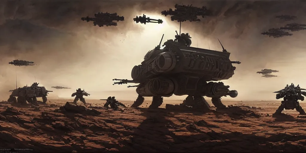 Image similar to hyper realistic sci - fi matte concept art painting of epic cinematic battle between a variety of mechwarriors and soldiers fighting on mars, guns, missiles, explosions, beautiful details, strong composition painted by kim jung guweta studio rutkowski, james gurney and greg rutkowski, and lucasfilm, smooth, intricate, detailed, sharp focus, cinematic