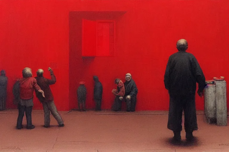 Image similar to only with red, a red old man try to sell a portrait, crowd cheering, in a city square, in the style of beksinski, parts by edward hopper, parts by rodcenko, parts by yue minjun, intricate and epic composition, red by caravaggio, insanely quality, highly detailed, masterpiece, red light, artstation, 4 k