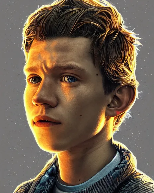 Prompt: closeup portrait of tom holland, an ultrafine detailed illustration by james jean, intricate linework, bright colors, final fantasy, behance contest winner, vanitas, angular, altermodern, unreal engine 5 highly rendered, global illumination, radiant light, detailed and intricate environment