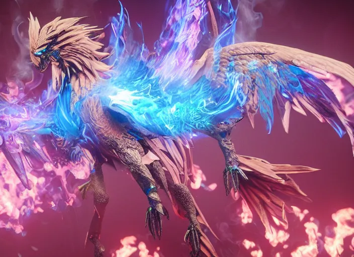 Image similar to pink and blue flaming phoenix, unreal engine 5, intricate, detailed, realistic