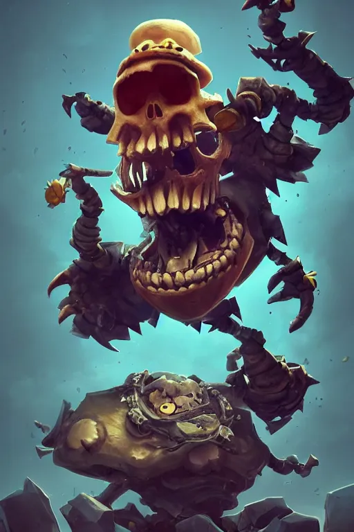 Image similar to a boss, happy skeleton skull boss, in the style of Rayman origins, michael ancel, Ruan Jia and Mandy Jurgens and Greg Rutkowski, trending on Artstation, award winning, unreal engine, octane render W 1024