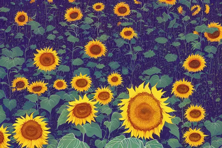 Image similar to lots of sunflowers in a garden, golden hour, artstation, by victo ngai