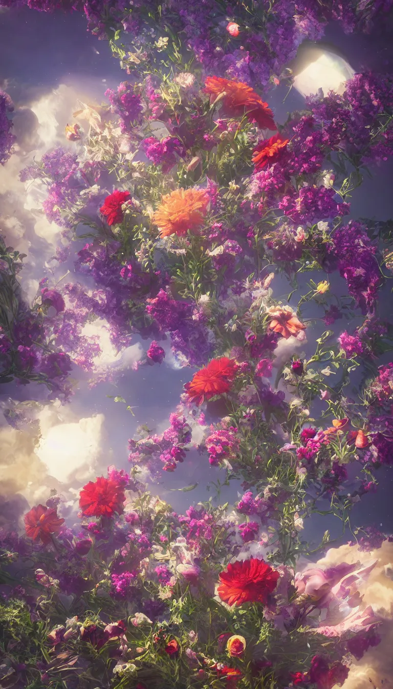 Image similar to An epic fantastic realism comic book style painting of the most beautiful flowers launched into space, bouquets, fisheye lens, unreal 5, DAZ, hyperrealistic, octane render, dynamic lighting