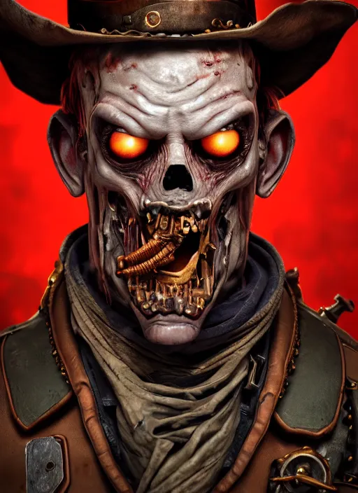 Image similar to steampunk portrait of zombie devil from doom, au naturel, hyper detailed, digital art, trending in artstation, cinematic lighting, studio quality, smooth render, unreal engine 5 rendered, octane rendered, art style by pixar dreamworks warner bros disney riot red dead redemption far cry doom games and borderlands.