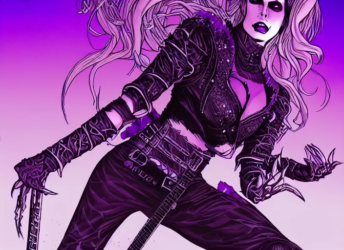 Prompt: fantasy comic cover art of female hero lead singer in a rock band of grim reapers, battling in a purple post apocalyptic hellscape, detailed faces, intricate details, stunning inking lines, stunning gradient colors, 4 k, hd, artstation, award winning