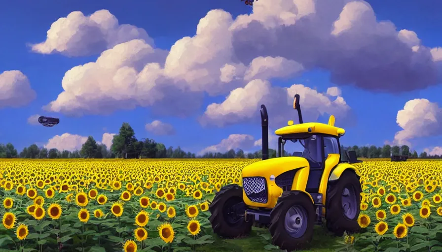 Prompt: hexagons in the sky, a cute little tractor in a sunflower field, clouds, big tree, person, matte painting, art station, blue sky, simon stalenhag