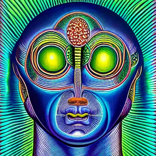 Image similar to Alex Grey painting of a lemon god, highly detailed, symmetrical, trending on artstation