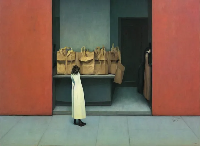 Prompt: woman wearing paper bags for clothes standing inside paper bags at store display Edward Hopper and James Gilleard, Zdzislaw Beksinski, highly detailed