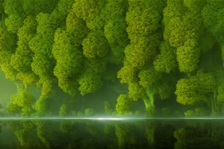 Prompt: a beautiful painting of a vast serene landscape with trees and rivers, green matrix code, detailed, deep focus, movie still, dramatic lighting, ray tracing, by michal karcz and ryoji ikeda