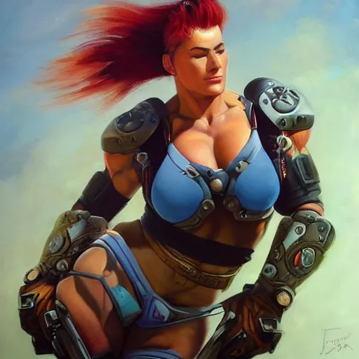 Image similar to detailed portrait of zarya from overwatch, intricate, hyper detailed, realistic, oil painting, by julie bell, frank frazetta, cinematic lighting