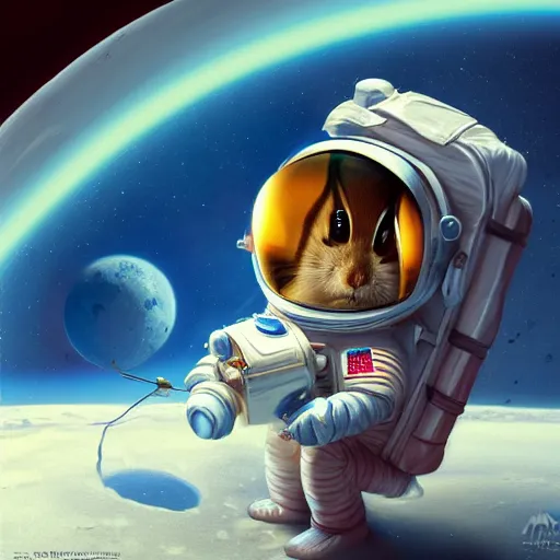 Image similar to an adorable chipmunk in an astronaut suit on the moon, warm lighting with cool shadows, digital painting, detailed, trending on artstation, in the style of dominik mayer thomas dubois, gaston bussiere, 8 k, octane render