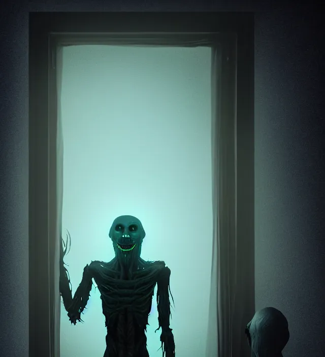 Image similar to a nightmare humanoid ghost monster alien standing in front of a window, moon light through the window, volumetric lighting, hyperealistic, 4 k, inspired by stephen king, inspired by lovecraft, inspired by jeffrey smith