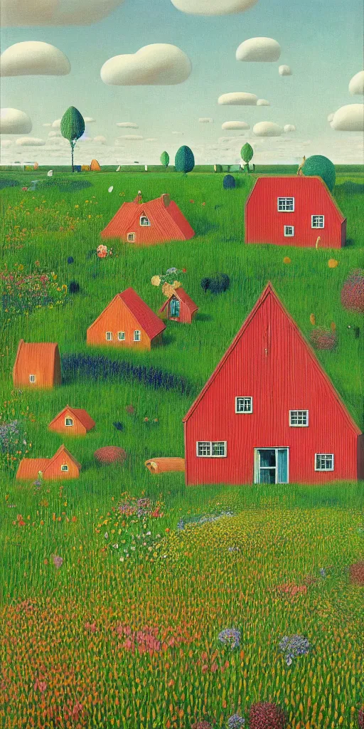 Prompt: scandinavian!!! houses!!!, floral motives, in the high grass, river, zeppelin in the sky, hygge, by jacek yerka by levitan, by tove jansson, surrealistic painting, masterpiece, oil painting, sharp focus, highly detailed, intricate, smooth, 8 k,
