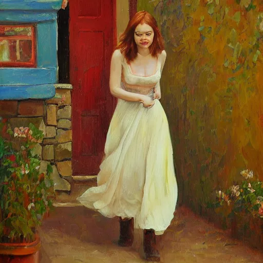 Image similar to emma stone in boots walking to outdoor toilet, russian depression, chthonic, by shulzhenko, nikolay kopeykin, lozhkin, vdovenko, oil painting art