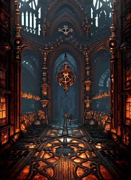 Image similar to steam necropolis, memento mori, gothic, neo - gothic, art nouveau, hyperdetailed copper patina medieval icon, stefan morrell, philippe druillet, ralph mcquarrie, concept art, steampunk, unreal engine, detailed intricate environment, octane render, moody atmospherics, volumetric lighting, ultrasharp, ominous, otherworldly