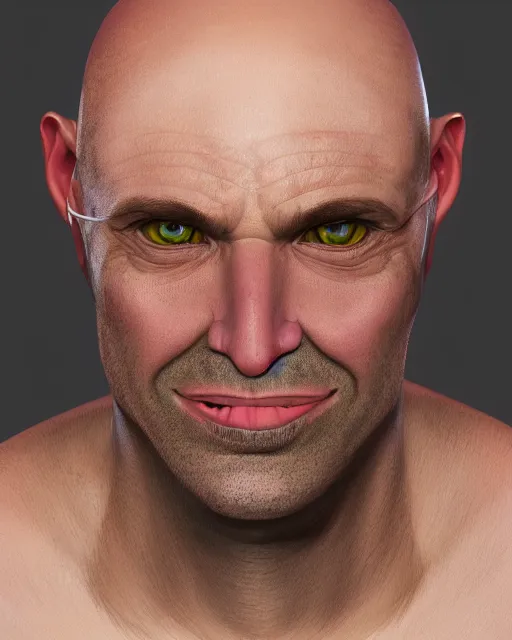 Prompt: portrait of a 4 0 - year - old bald man without nose, with a white complexion, cat - like scarlet eyes,, and a thin mouth, hyper realistic face, beautiful eyes, character art, art by mark brooks, hyperdetailed, cryengine, trending on artstation, digital art